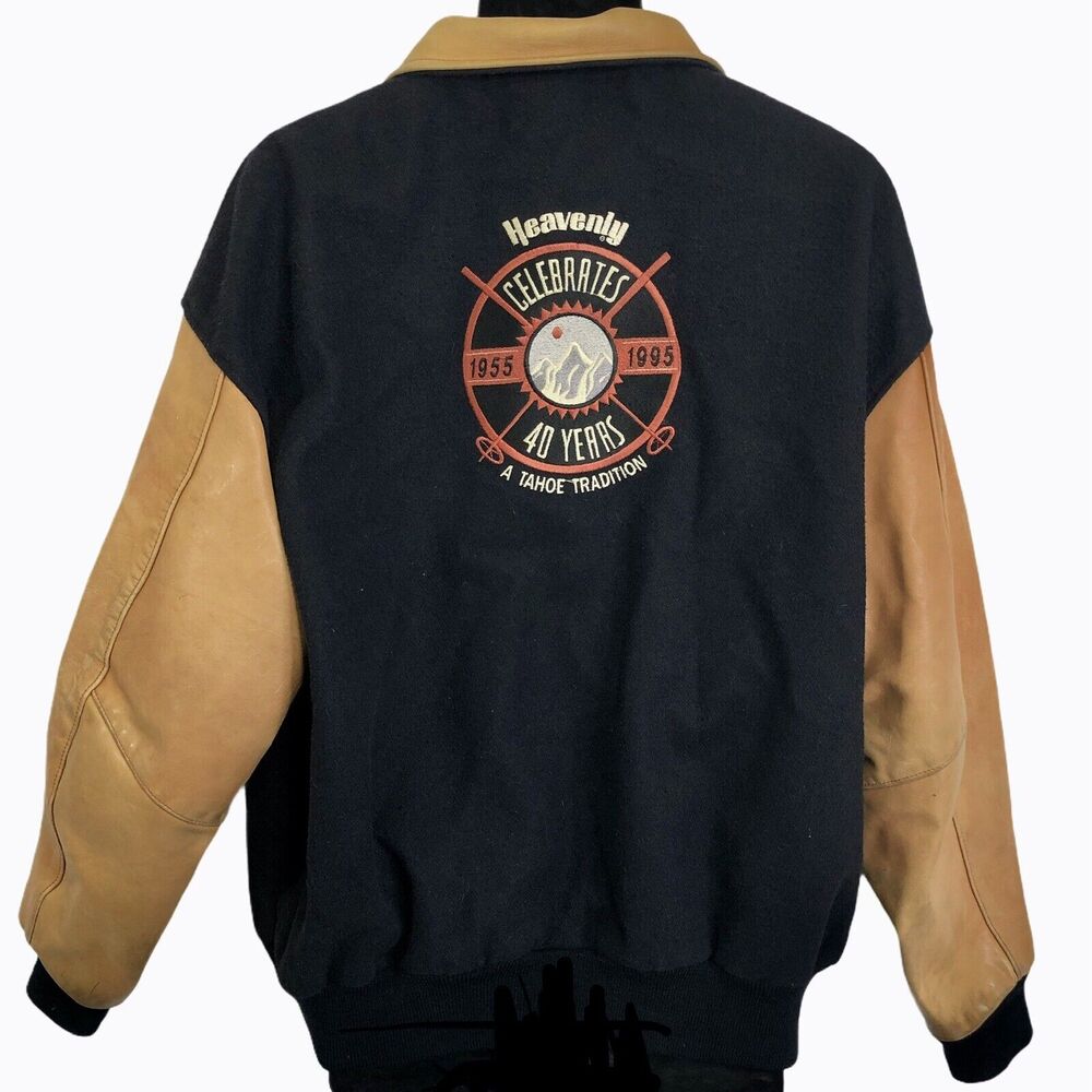 Vtg 90s Heavenly Lake Tahoe Ca Ski Resort Bomber Varsity Jacket Wool Leather